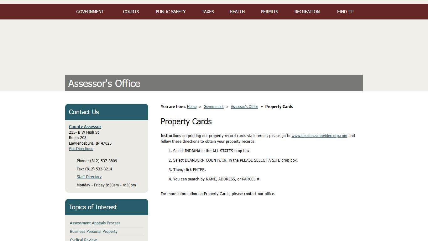 Property Cards / Dearborn County, Indiana